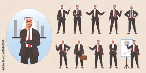 Businessman arab character avatar design set. Vector illustration