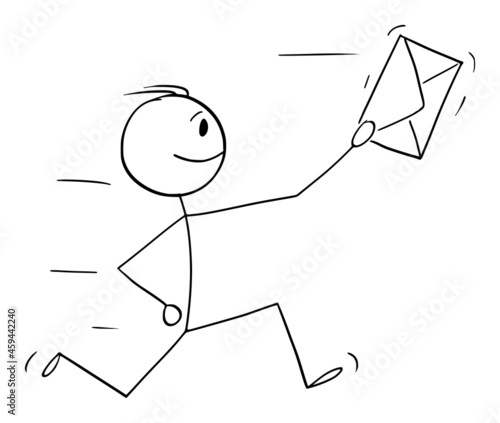 Person or Businessman Running With Envelope, mail, Email or Message, Vector Cartoon Stick Figure Illustration