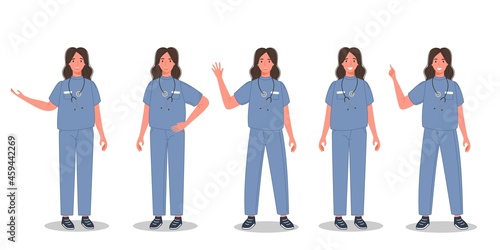 Male doctor set in different pose. Group of medical professional workers in sanitary uniform. Man physician character standing in line. Vector illustration