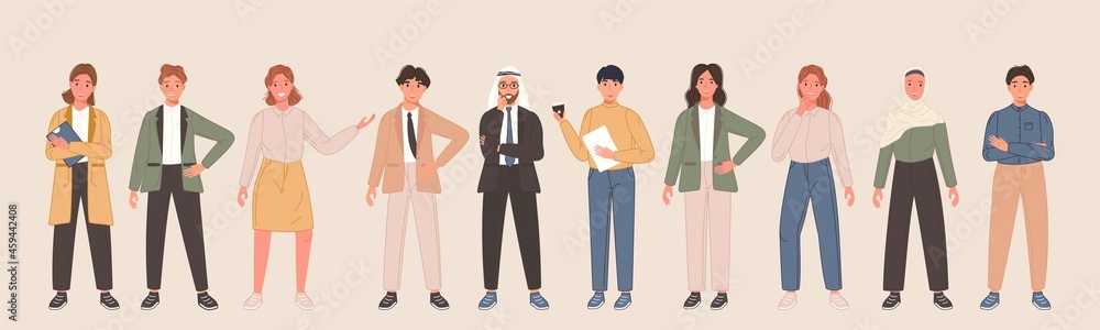 Business multinational character team in different pose. Diverse office worker people set standing in line. Vector illustration