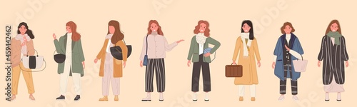 Fashion woman in stylish street style outerwear. Fashionable female in trendy clothes for winter, spring or autumn. Vector illustration