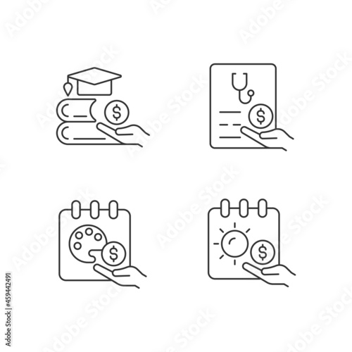 Workplace wellbeing benefits linear icons set. Tuition reimbursement. Paid sick days. Sabbatical leave. Customizable thin line contour symbols. Isolated vector outline illustrations. Editable stroke