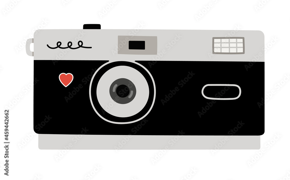 Hand-drawn black and grey film photo camera. Retro, vintage camera, photographer tool, photo tool. Back to the 80s - 90s. Colorful flat vector illustration isolated on white background.