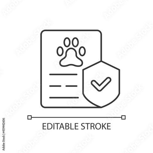 Pet insurance linear icon. Employee voluntary benefit. Pet-friendly workplace policy. Thin line customizable illustration. Contour symbol. Vector isolated outline drawing. Editable stroke