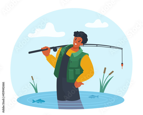 A fisherman standing in a pond, holding a fishing rod. A fisher wears a fishing vest. Fish catching hobby. A vector cartoon illustration.