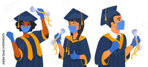 Group of students celebrating a graduation, diploma during the coronavirus pandemic. People wear a protective mask, gloves. Students graduated. A vector cartoon illustration.