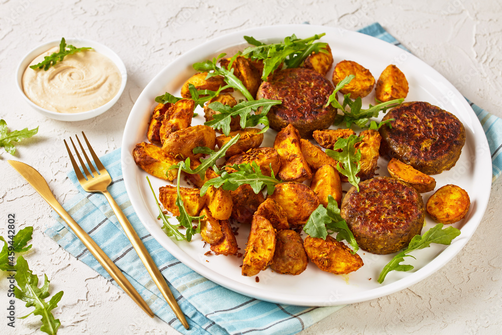 vegan lentil patties with baked potato and hummus vegan lentil patties with baked potato and hummus