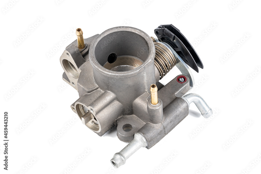 car engine part intake throttle body isolated on white background. auto manifold engine throttle part cut out car engine part intake throttle body isolated on white background. auto manifold engine throttle part cut out