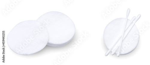 cosmetic cotton swabs and cotton pads isolated on white background photo