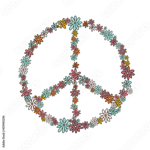 Retro 60s - 70s style with a rainbow hippie sun in a simple linear style. Naive boho style by hand, festival of colors and music, signs of peace and free love