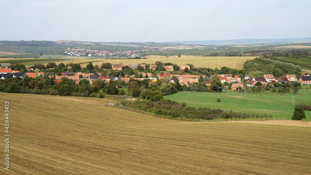 Podvorov village and fields aerial panoramic landscape, Moravia, Czechia