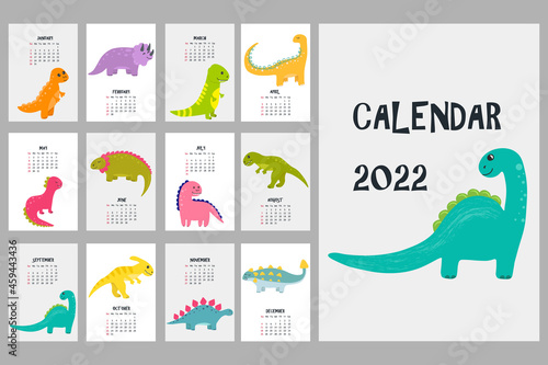 Cute calendar with colorful dinosaurs. 2022 calendar with cute dinosaur. Hand drawn animals. Wall vertical calendar.