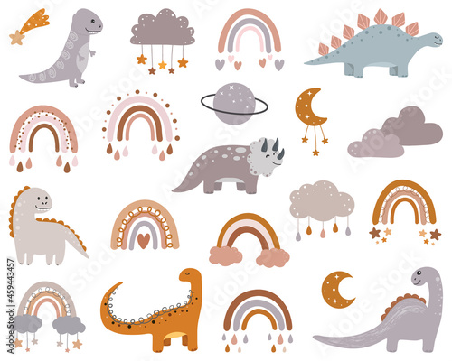 Vector boho clipart for nursery decoration with cute dinosaur  rainbows  moon  cloud  stars. Modern illustration. Perfect for baby shower  birthday  children s party.