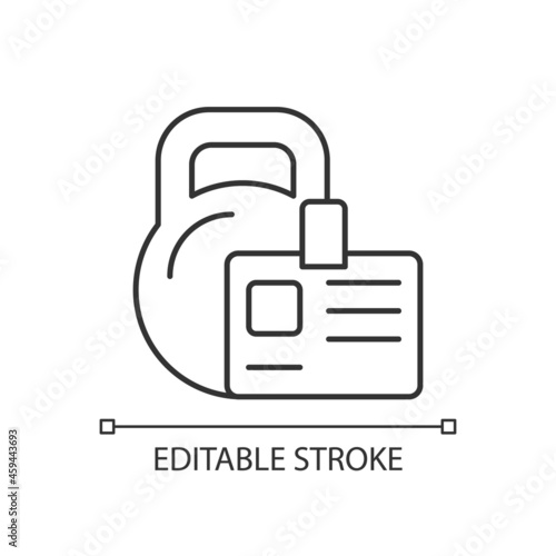 Gym membership linear icon. Providing health initiatives. Employee discount. Fitness classes. Thin line customizable illustration. Contour symbol. Vector isolated outline drawing. Editable stroke