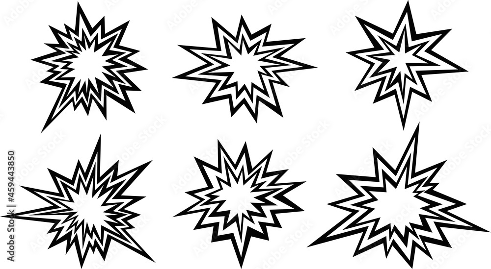 Vector illustration of set of black and white explosive collisions Vector illustration of set of black and white explosive collisions