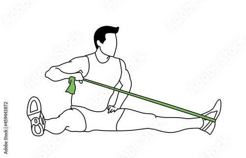 Man training diagonal row with an elastic band. Fitness exercise, posture, gym, muscles. Black line sketch style vector illustration.
