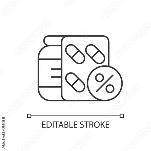 Reduced prescription drug cost linear icon. Providing health benefits to employees. Saving money. Thin line customizable illustration. Contour symbol. Vector isolated outline drawing. Editable stroke