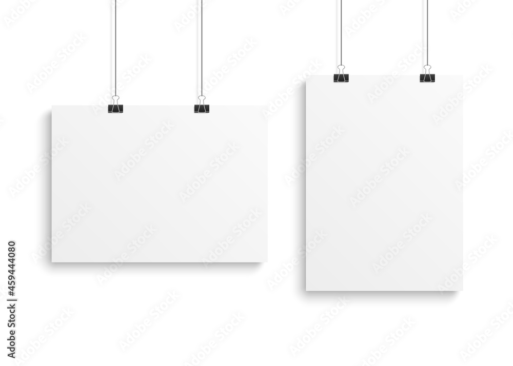 Poster template. White photo canvas, clean advertising hanging banner. Presentation wallpaper blank posters. Empty vertical and horizontal sheets on clip. Vector realistic isolated mockup Poster template. White photo canvas, clean advertising hanging banner. Presentation wallpaper blank posters. Empty vertical and horizontal sheets on clip. Vector realistic isolated mockup