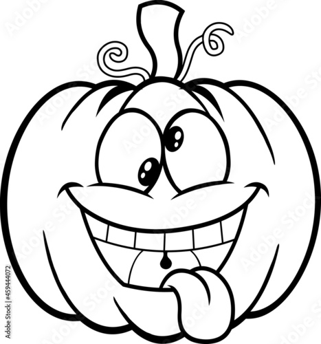 Outlined Crazy Halloween Pumpkin Cartoon Emoji Face Character With Goofy Expression. Vector Hand Drawn Illustration Isolated On White Background