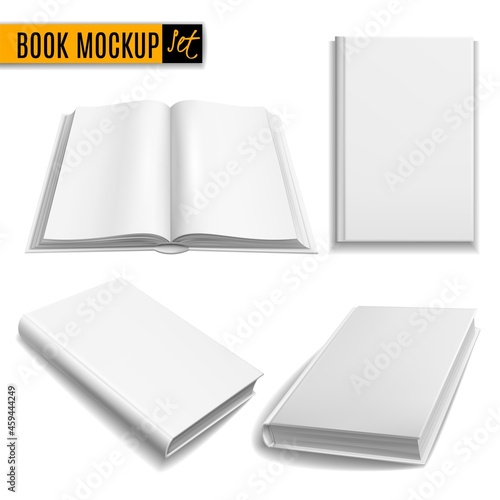 Realistic books. White book mockup cover, blank brochure, paperback empty textbook, magazine template. Closed and opened, front and angle view elements, education vector 3d isolated set