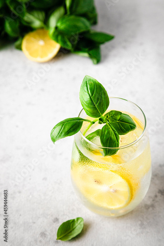 Studio shot of glass of fresh lemonade with basil