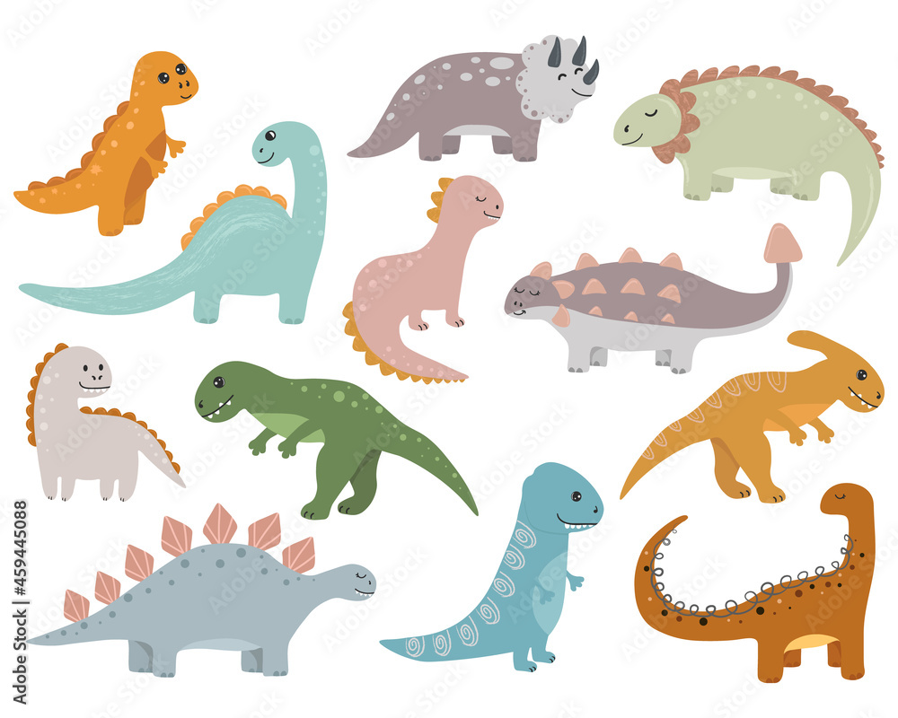 Vector set with dinosaurs in cartoon style.  Collection dinosaurs in hand drawn cartoon style isolated on white background. Can be used for children's room, sticker,  t-shirt, mug and other design.