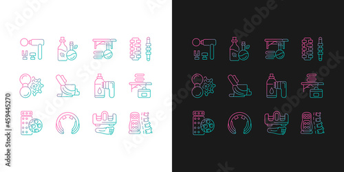 Massage tools and equipment gradient icons set for dark and light mode. Body stimulating devices. Thin line contour symbols bundle. Isolated vector outline illustrations collection on black and white