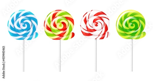 Spiral lollipops. Realistic different colors round candies, sucking sweets, swirling striped caramel on stick, sugar kids dessert, fruit confectionery vector transparent on white set