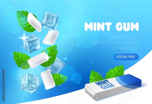 Mint chewing gum. Peppermint bubblegum pads. Realistic advertising banner template. Herbal fresh taste candies for oral health and hygiene. Vector poster with spearmint leaves and ice