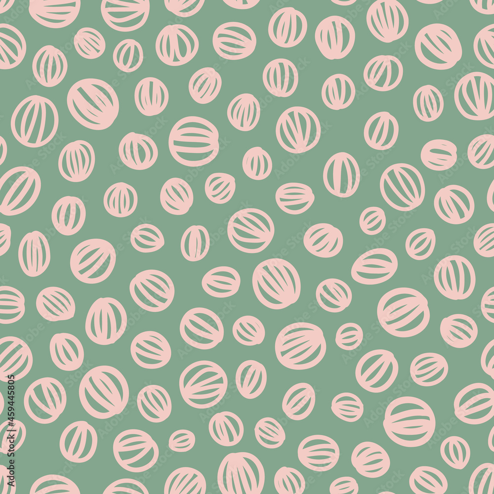 Abstract doodle dots seamless repeat pattern. Random placed, vector circles with lines minimal all over print on sage green background. Abstract doodle dots seamless repeat pattern. Random placed, vector circles with lines minimal all over print on sage green background.