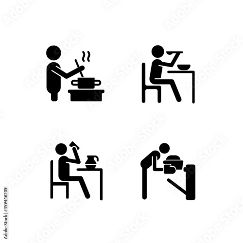 Cooking rotine black glyph icons set on white space. Meal preparation at home. Healthy eating habits. Commonplace day-to-day human life. Silhouette symbols. Vector isolated illustration