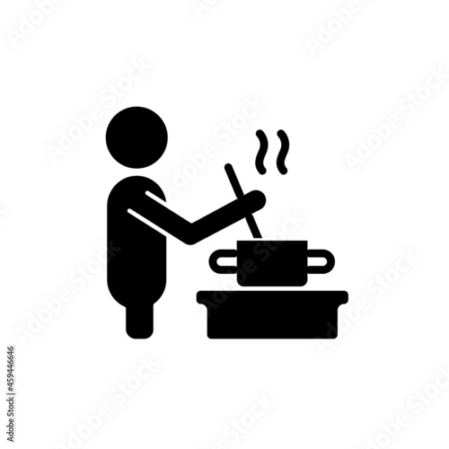 Cook black glyph icon. Person stirring soup in pan. Home-made food. Dinner preparation at home. Healthy eating habits. Silhouette symbol on white space. Vector isolated illustration