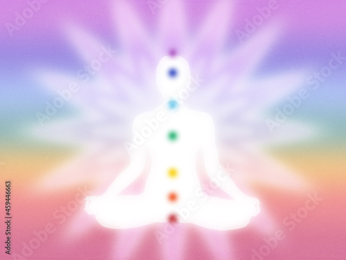 Bright pastel, modern, minimal chakra diagram with meditation pose, human figure, radiating energy on rainbow background  - grainy, high resolution