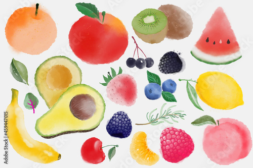 Fototapeta Naklejka Na Ścianę i Meble -  Watercolor of fruits set isolated on white background. Clip art.
