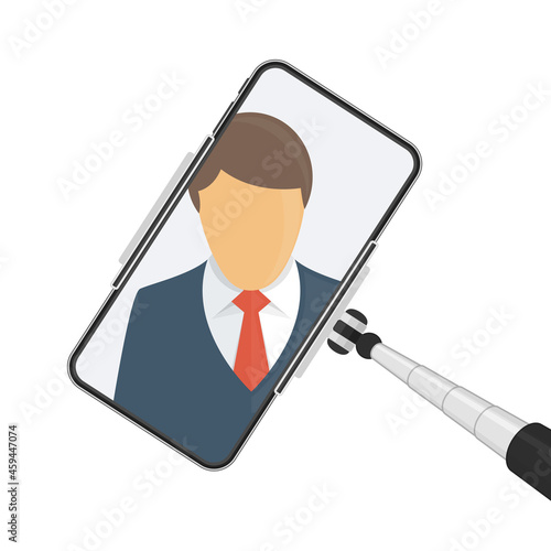 Smartphone with monopod isolated on white background. Selfie photographic on mobile phone concept. Modern gadget with stick for photo illustration. EPS 10.