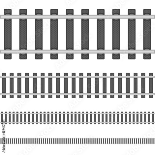 Train track or railroad  different lengths  isolated on white background. Rails set  railway construction elements seamless pattern. Top view. Rail patterns  railroad path texture. Vector EPS 10.