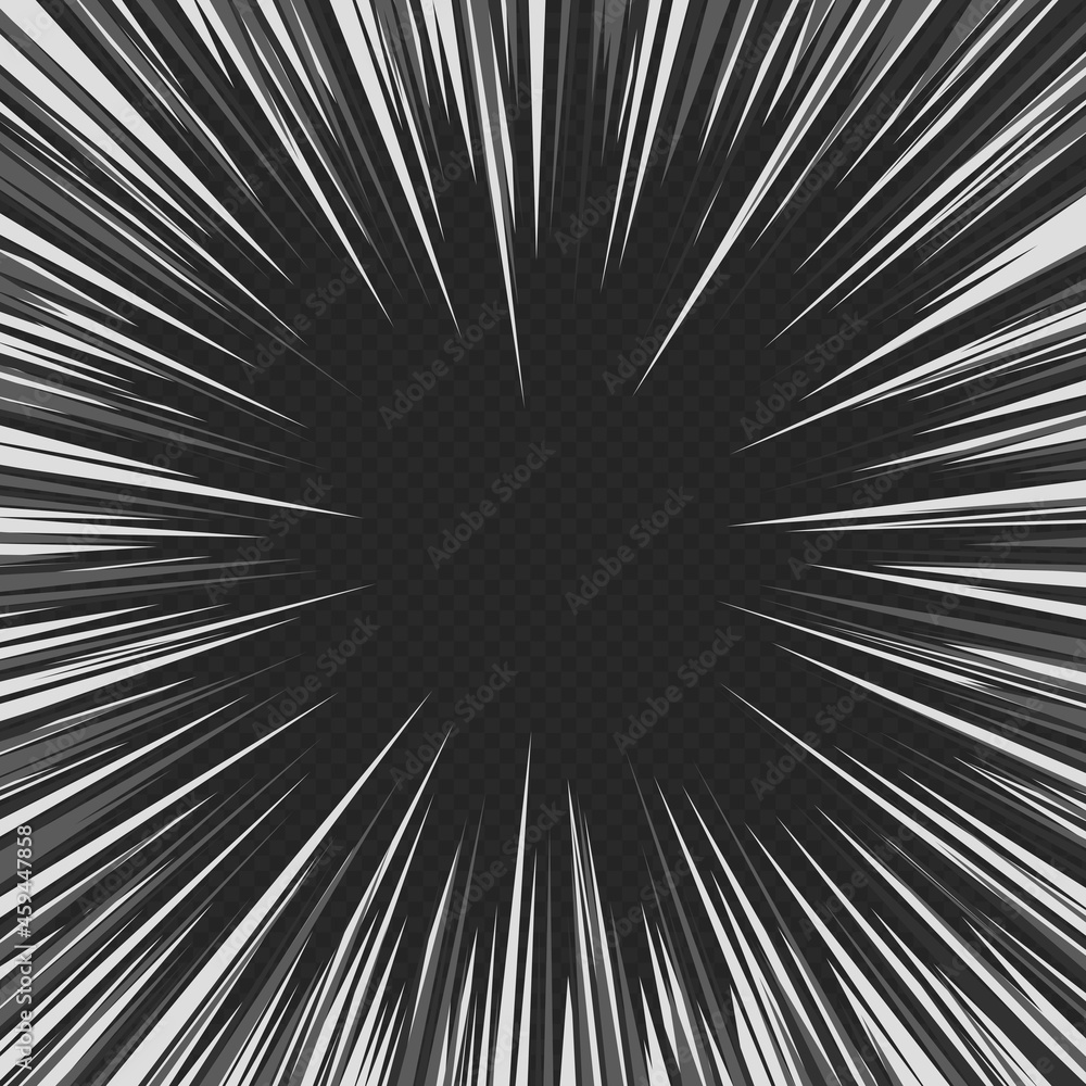Obraz premium Comic book black and white radial lines isolated on transparent background. Manga speed frame, superhero action, flash explosion template. Ray blast glow. Vector illustration superhero design. EPS 10