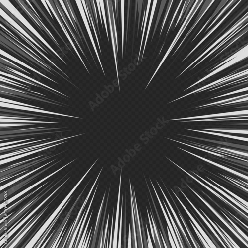 Comic book black and white radial lines isolated on transparent background. Manga speed frame, superhero action, flash explosion template. Ray blast glow. Vector illustration superhero design. EPS 10