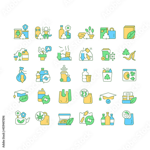Waste recycling RGB color icons set. Enviromental protection. Ecogically friendly, compostable, biodegradable materials. Isolated vector illustrations. Simple filled line drawings collection