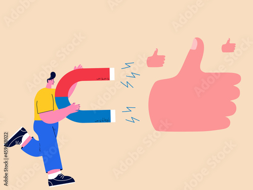 Social media marketing campaign, attracting followers and users, positive feedback, customer reviews, customer satisfaction, recommendations, retention strategy flat vector illustration