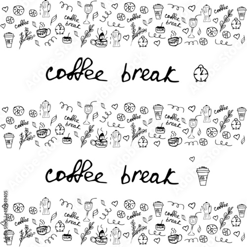 Doodle Draw an isolated coffee set on a white sheet: cup with hot coffee, kettle, beans, sugar, cookies and a coffee tree. Hand-drawn coffee set and text coffee break