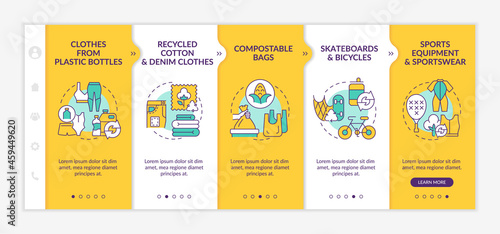 Upcycled materials onboarding vector template. Responsive mobile website with icons. Web page walkthrough 5 step screens. Waste recycling trends color concept with linear illustrations