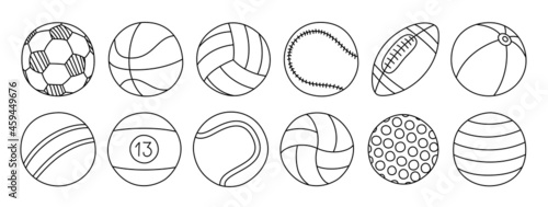 Sports ball line sketch set. Black doodle outline icon. Vector freehand illustration. Football, basketball, volleyball, baseball, rugby, billiards, tennis, golf, children's, beach, fitness equipment