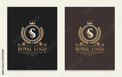 Letter S monogram design template with a crown. Elegant frame ornament line logo design. Suitable for Restaurant, Boutique, Hotel, Heraldic, Jewelry. Monogram design elements, graceful template.