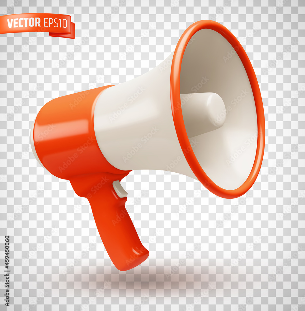Vector realistic illustration of a red and white megaphone on a transparent background. - obrazy, fototapety, plakaty 