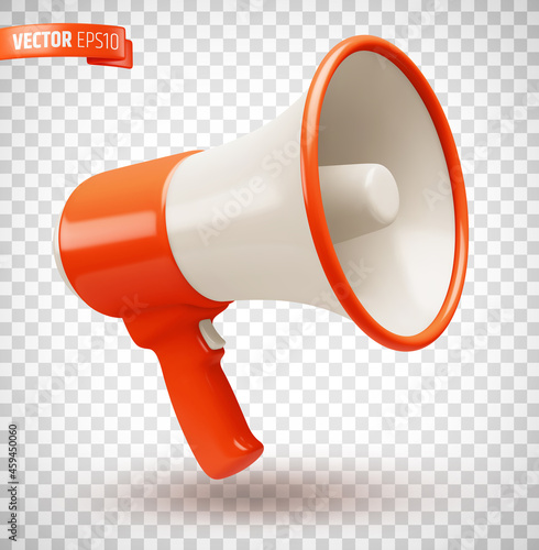 Vector realistic illustration of a red and white megaphone on a transparent background. © He2