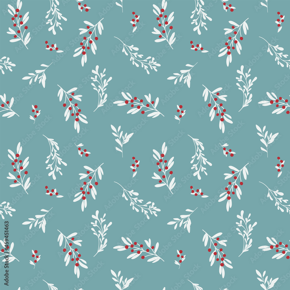 Christmass botanical seamless pattern. Branches, leaves and berries. Cute vector illustration for background, gift card, wrapping paper, textile, stationery and any surface design
