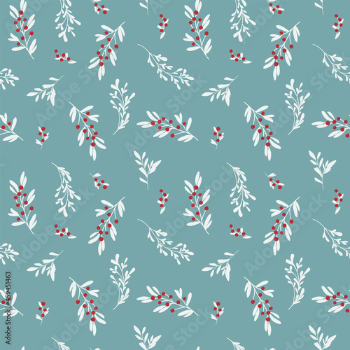 Christmass botanical seamless pattern. Branches, leaves and berries. Cute vector illustration for background, gift card, wrapping paper, textile, stationery and any surface design