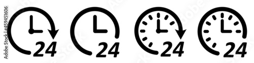 Set of 24 hours icons. 24/7 round-the-clock service. Clock icon, open 24 hours. 24/7 call center. Support symbols. Vector illustration.