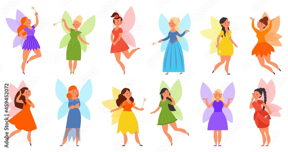 Little fairy collection. Kids fairies in dress, funny magical girls with wings. Cartoon tales characters, cute fantasy decent vector female set
